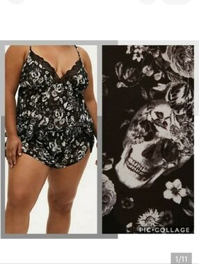 🆕1X BLACK ☠️ SKULL FLORAL CHIFFON & LACE SLEEP SET☠️